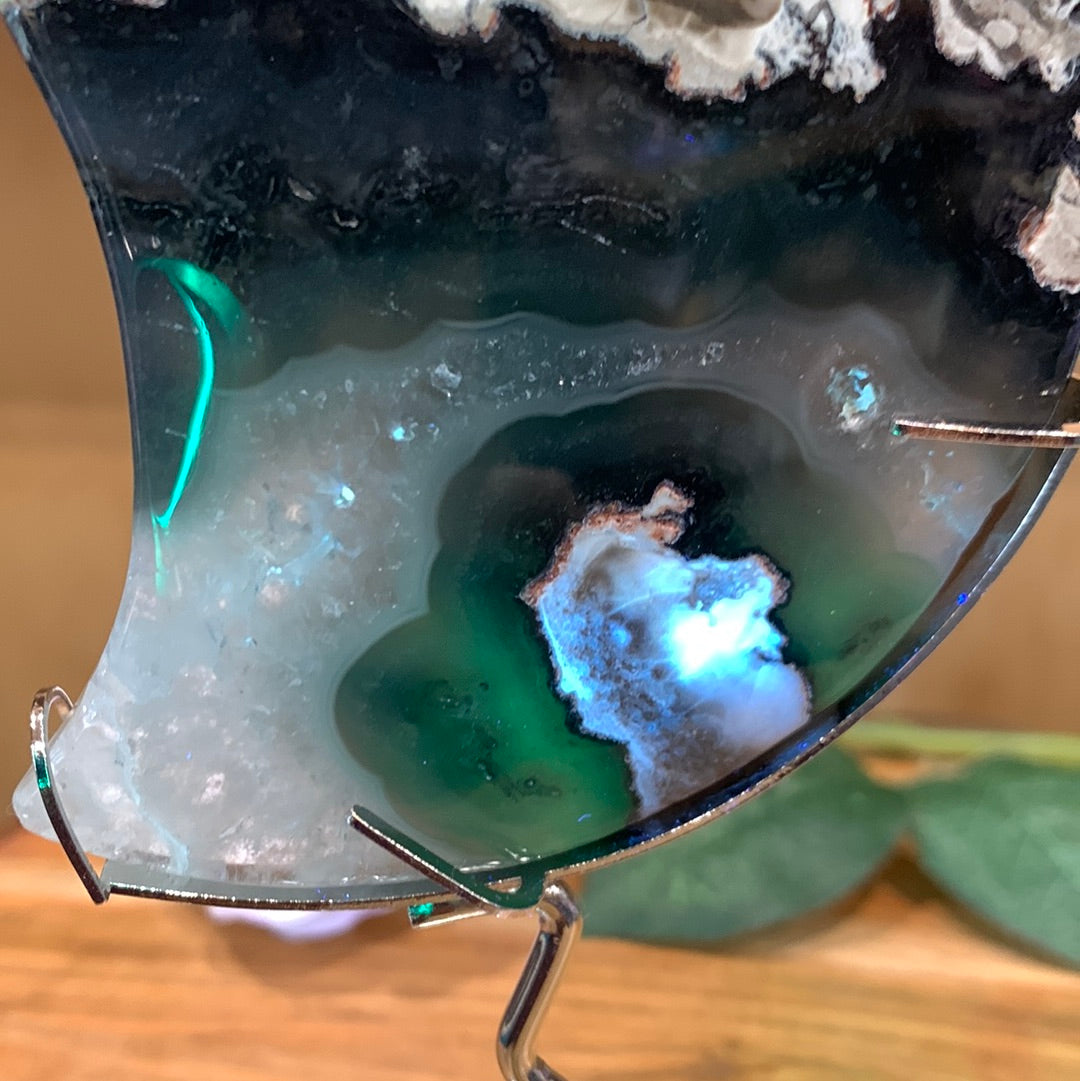 VOLCANO AGATE MOON ON SILVER ASTROLOGY STAND