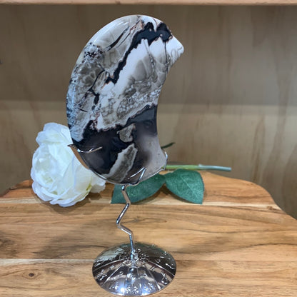 VOLCANO AGATE MOON ON SILVER ASTROLOGY STAND