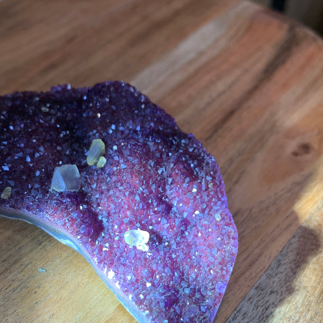 UNIQUE DARK PURPLE AMETHYST MOON WITH CALCITE POINTS