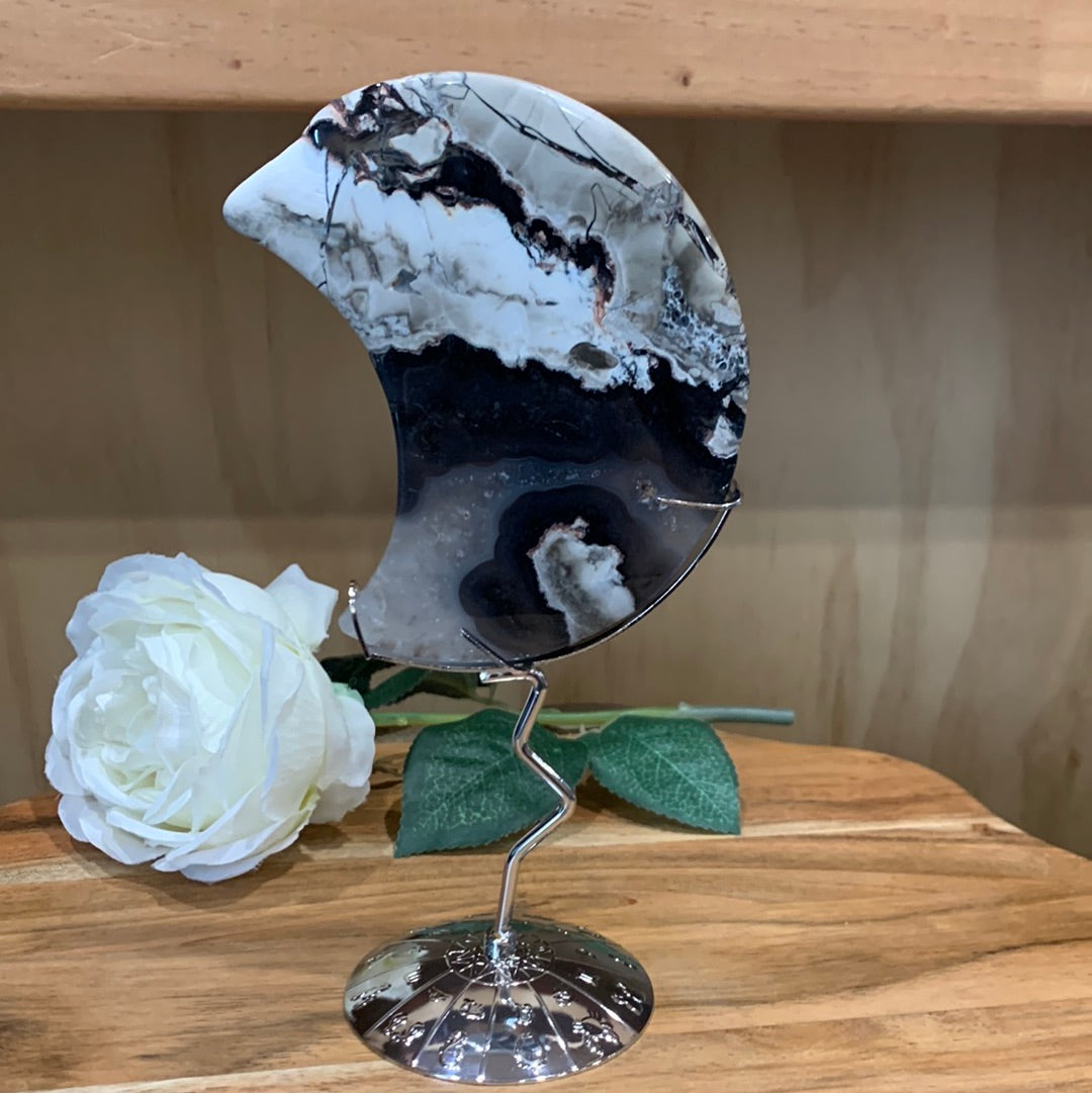 VOLCANO AGATE MOON ON SILVER ASTROLOGY STAND