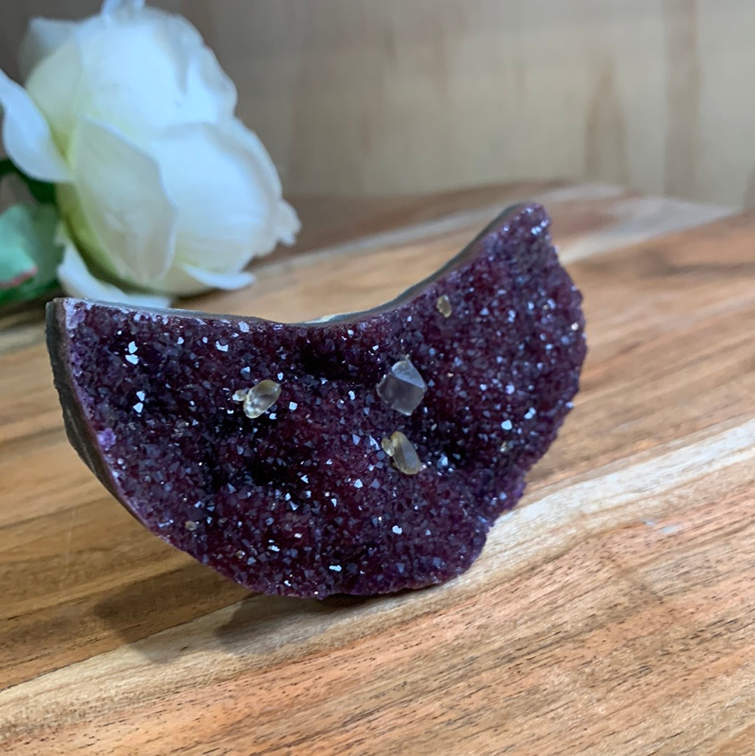 UNIQUE DARK PURPLE AMETHYST MOON WITH CALCITE POINTS