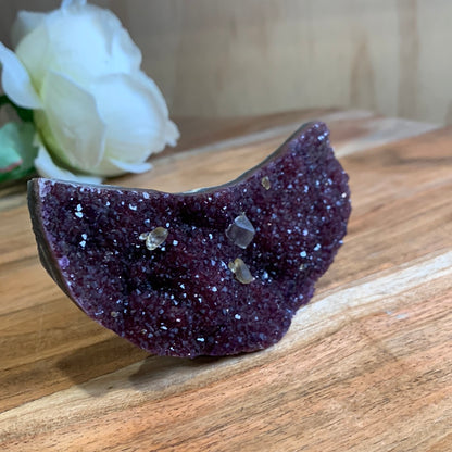 UNIQUE DARK PURPLE AMETHYST MOON WITH CALCITE POINTS