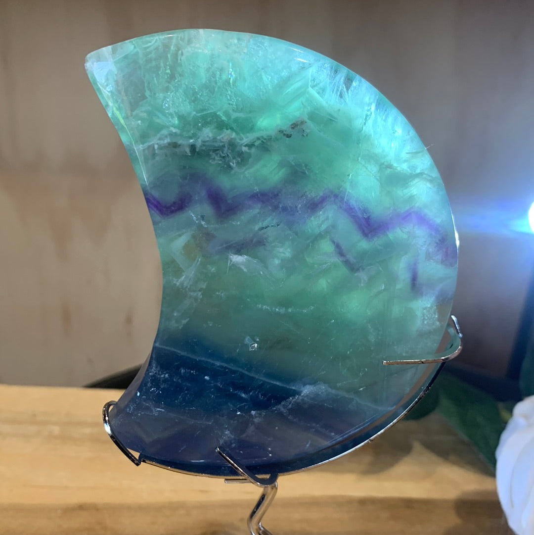 SNOWFLAKE FLUORITE MOON WITH STAND