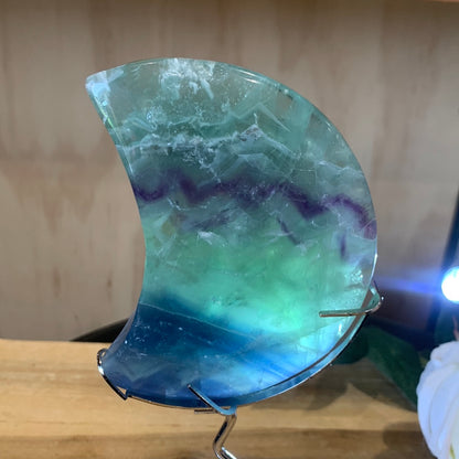 SNOWFLAKE FLUORITE MOON WITH STAND