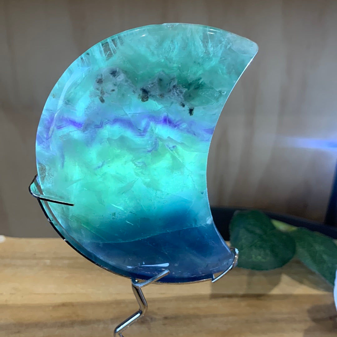 SNOWFLAKE FLUORITE MOON WITH STAND