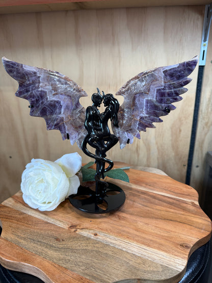 GORGEOUS CHEVRON AMETHYST ANGEL/DEMON WINGS ON A STAND
