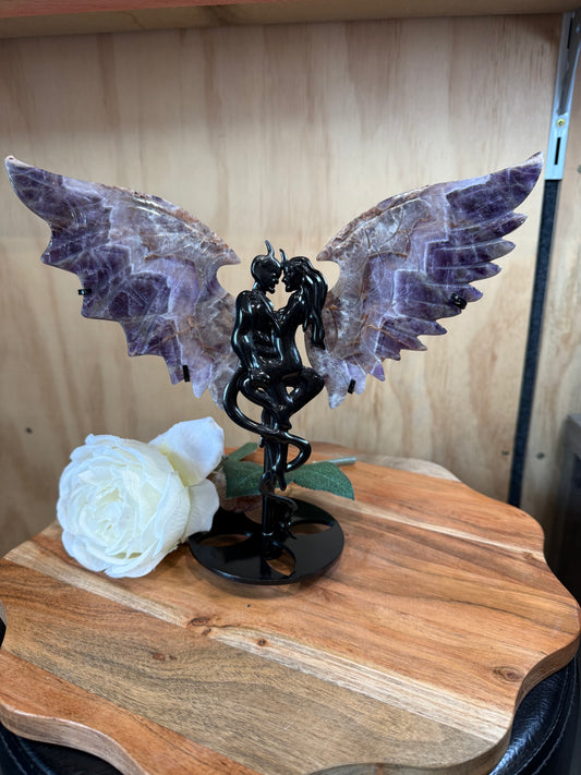 GORGEOUS CHEVRON AMETHYST ANGEL/DEMON WINGS ON A STAND