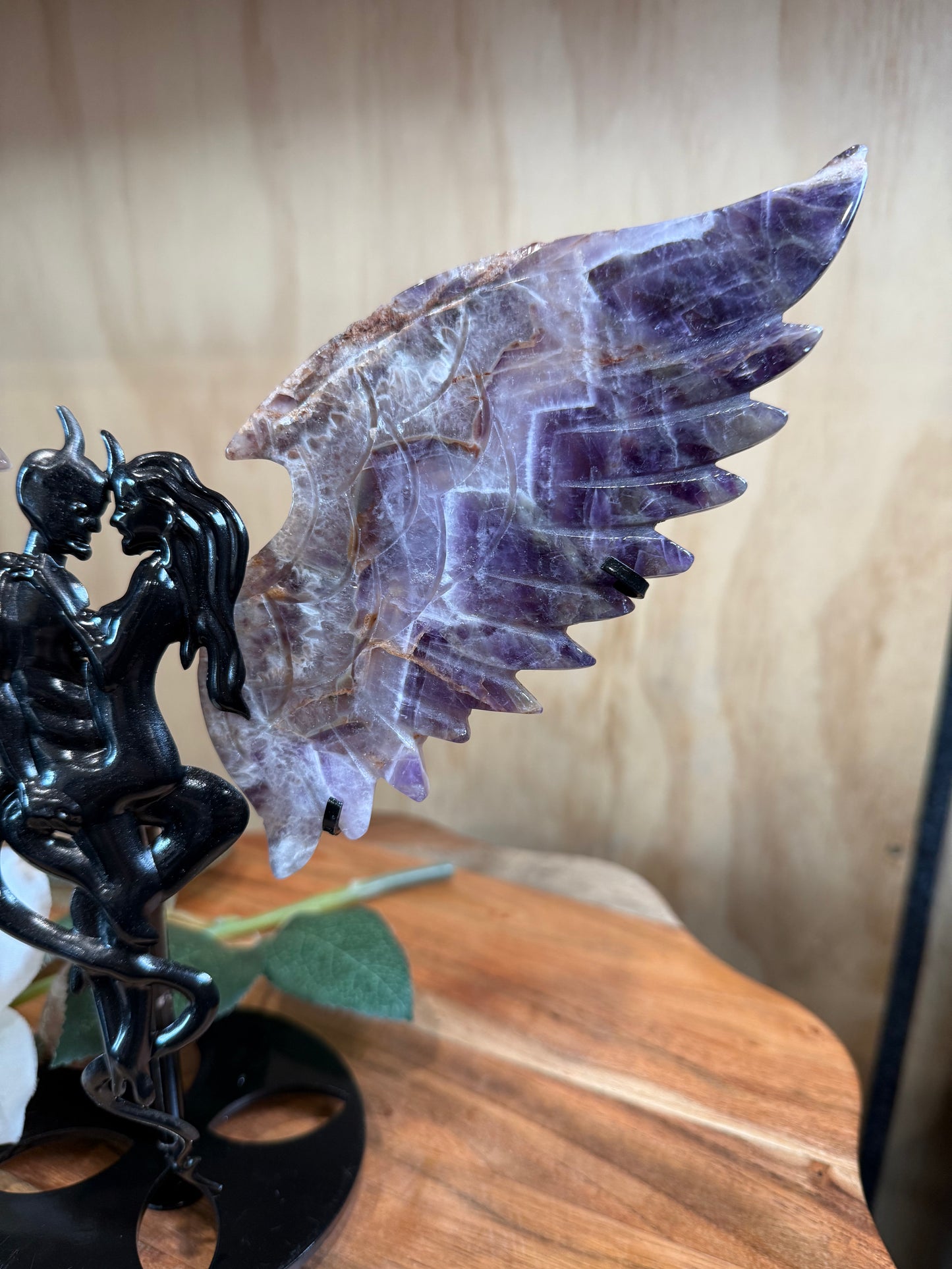 GORGEOUS CHEVRON AMETHYST ANGEL/DEMON WINGS ON A STAND