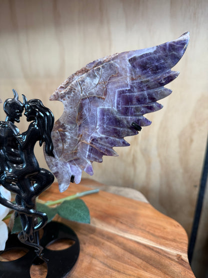 GORGEOUS CHEVRON AMETHYST ANGEL/DEMON WINGS ON A STAND