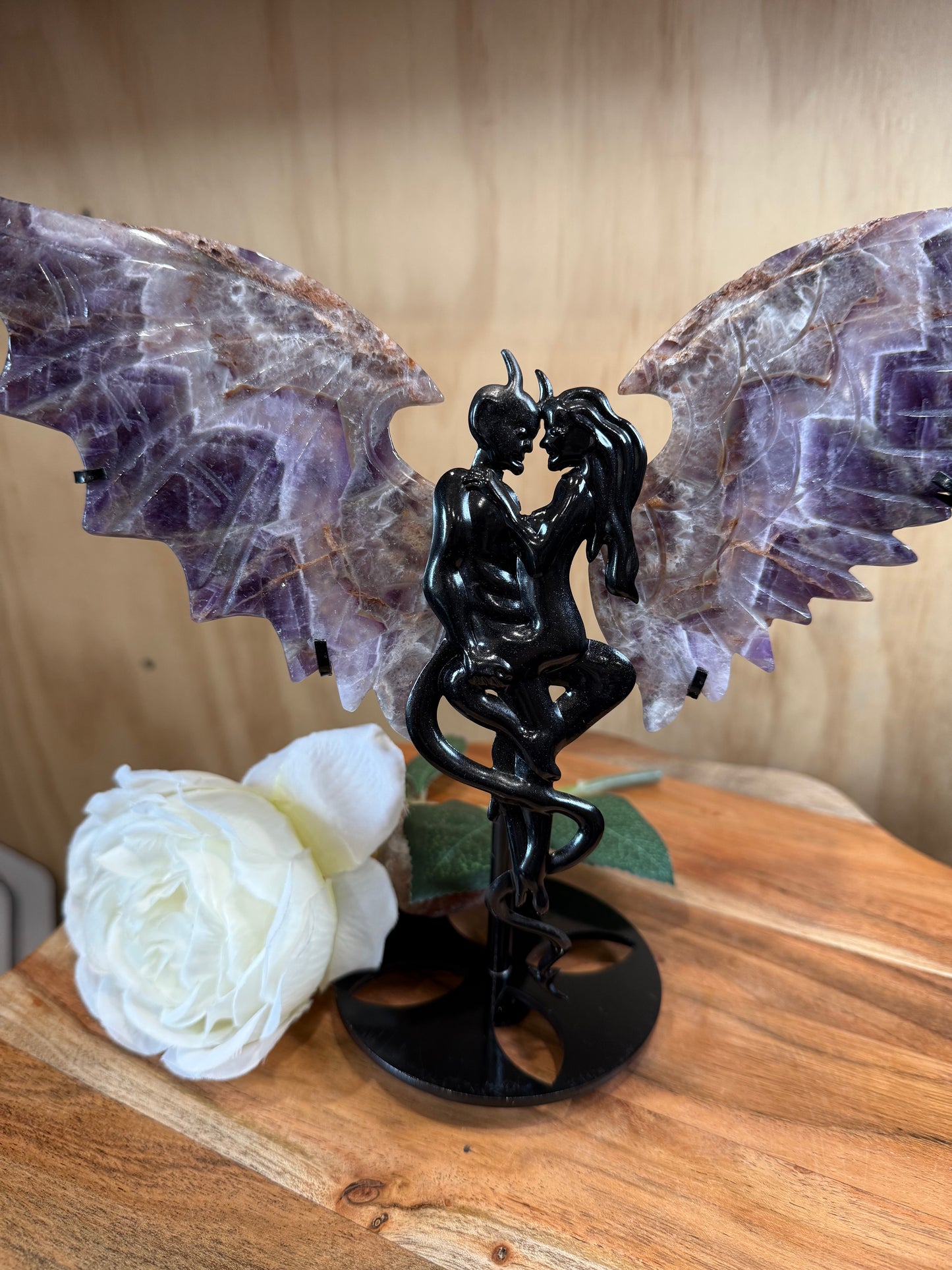 GORGEOUS CHEVRON AMETHYST ANGEL/DEMON WINGS ON A STAND