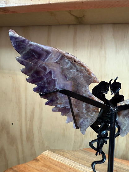 GORGEOUS CHEVRON AMETHYST ANGEL/DEMON WINGS ON A STAND