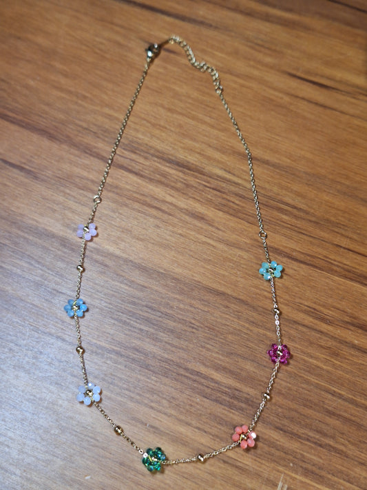 MULTI COLOUR FLOWER NECKLACE GOLD CHAIN (Stainless Steel)
