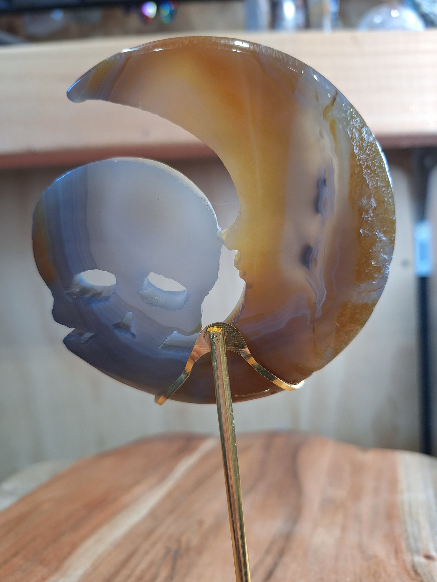 DRUUZY AGATE MOON SKULL ON ASTROLOGICAL GOLD STAND